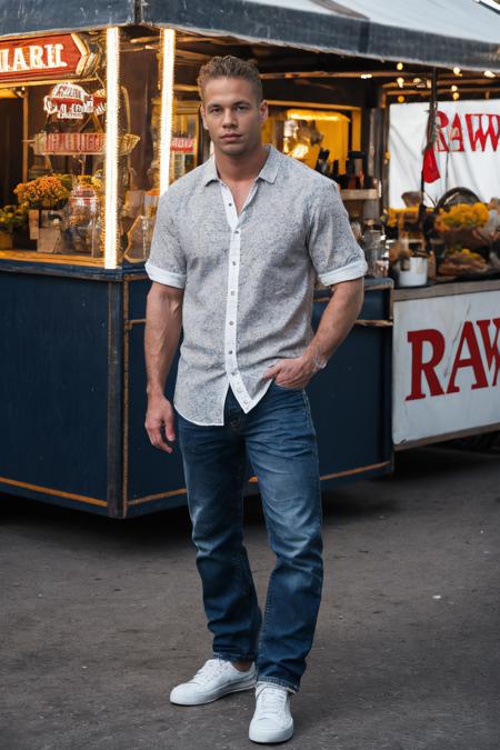 RAW Photo, full body shot photo of man matthew_rush posing in shirt and blue jeans and white sneakers standing at a carnival  during the day <lora:matthew_rush-03:1>, 8k uhd, dslr, soft lighting, high quality, film grain, Fujifilm XT3*