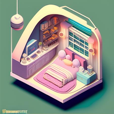 a cropped photo of the Isometric_Dreams, a pink dollhouse with a bed and a desk and a window and a clock on the wall and a window