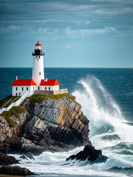 multi-tiered lighthouse, rocky island, network of walkways, turbulent sea, white foam, seagulls, night