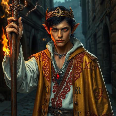 A handsome elf of twenty years, with reddish-orange skin and black hair, his hands ending in claws.  His eyes are a dim, glowing red, almost as if a dim fire were caught behind them, with the dark pupils standing out.
He wears a rich white under-robe with arcane runes etched into it in dark green thread, covered by an outer robe woven of golden cloth, covered with flowing Celtic knots embroidered in bright crimson thread on it.  The robes should have an almost metallic shine, as if woven from metal.    In one hand he lifts a polished wooden staff up into the air, runes traced in silver down it's length as it crackles with electricity.  The head of the staff is carved into a complex knot similar to Gandalf the White's.  In the other hand he holds a flame as if ready to throw it.  On his head is a golden circlet formed in intricate patterns, with a red gem in front.  Around his neck is a silver necklace tight enough to be a collar, with a glowing blue gem in front.
The background should be a medieval cobblestone city street, with dark lighting. 
The overall style of the image should be photorealistic, with the main character looking like he has been touched by hell, but still looking regal, handsome, and redeemable.