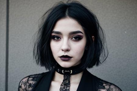 Teen brunnete nordic goth girl | tattoo | dark | Adult | On street | High quality | gothic makeup | realistic | informal | cute girl | bob cut hair | choker | solo | black hair