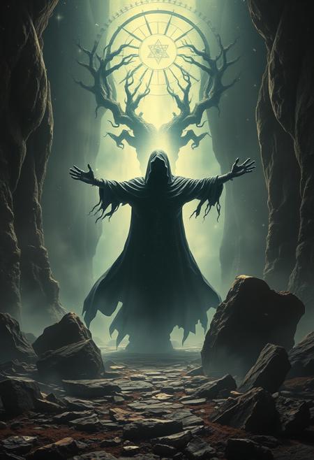 A universe inside a dark cloaked figure within mysterious landscape in an unfathomable realm of fantastic creation inhabited by ancient shadows of a forgotten time beyond the gate of the gateless gate where life is limitless, light is shadow and shadow is light, eerie sense, horror, spark of the beginning, existence and nonexistence at once, ethereal, outstretched arms, behold the end of the beginning, inglorious glory to the dark one, betrayal of the ancient order, beware the 7headed beast, destroyer of the old ways, bearer of the unbearable, nightmarish, archaic runes, tree aging backwards, breath of the gods, ruins of a place unimagined, extreme intricate detail, photorealistic, beyond epic scene, fate discarded, unseeable face of god, the end is the beginning, the beginning is the end, man arises as god dies, as above so below, as below so above, emerald tablet, thoth, guardian and saboteur of existence, hopeless hope, ghosts of the unborn, conception of the inconceivable, cosmic well of imperceptible perception, evil aura, infinite emptiness, pillars of void, overwhelming subtlety, sacred geometry