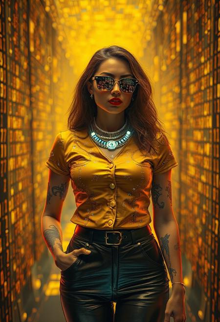 A cybernetic labyrinth filled with scrolling code streams. The woman’s gold-buttoned top is embroidered with pixel-art constellations, while her leather pants pulse with embedded LED circuits. Her sunglasses reflect strings of binary, and the layered necklace projects holographic runes. The background is a grid of shifting yellow and orange pixels, creating an immersive tech maze. Syd Mead’s digital minimalism collides with Rolf Armstrong’s retro-futuristic charm: glowing tattoos on her arms, a wink directed at the viewer, and a vibrant skin tone. Add flickering code trails and glitch effects.  Pixel constellations, LED circuits, binary reflections, holographic runes, glitch effects.