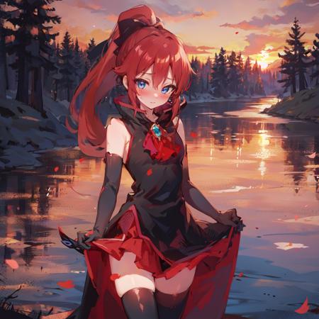 uunlovely, red ponytail, long dress, brooch, hairbow, elbow gloves, black thighhighs