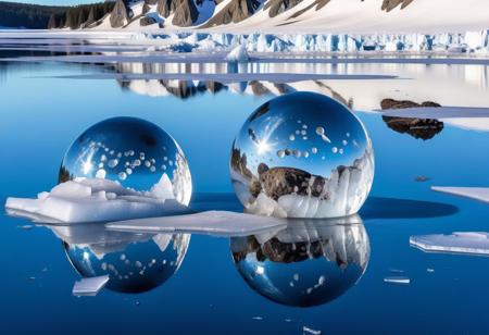 this is formed mercury mirrored spheres embedded in quartz formation in a frozen lake with crystal ice, magnificent abstract modern polarity