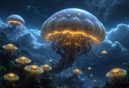 Inside the atmosphere of a gas giant planet, towering clouds of yellow and brown, floating alien plants, flying alien creatures, floating gas bag creatures, detailed gas giant ecosystem, intricately detailed, light shining through the cloud. Bioluminescence, luminous, nature
