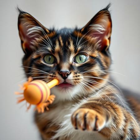 high quality, a cat playing with wand toy