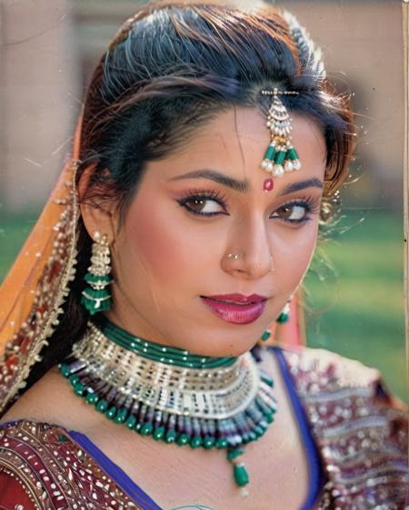 ultrarealistic soft focus photo of a 30-year-old woman, neelam kothari, outdoors, high neck Rajasthani Lehenga covering chest and cleavage, Extreme close-up camera angle, looking looking at camera, day time, beautiful bokeh <lora:Neelam_Kothari_SDXL_LoRA:1>