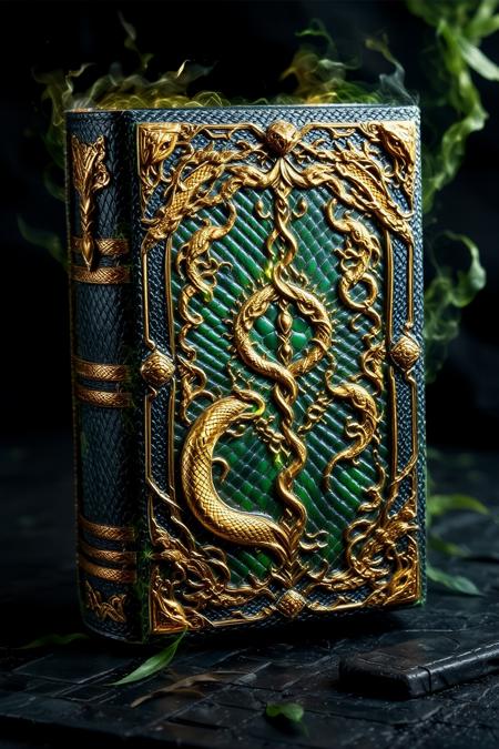 sn4k3. An ancient tome bound in dark green sn4k3 skin, its surface decorated with golden serpentine patterns and pulsating with arcane energy