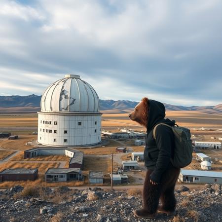 An anthro grizzly bear urban explorer wearing a black hoodie is exploring an abandoned space observatory in rural Kazakhstan. The bear is carrying a backpack. A large dilapidated white dome dominates the site with many other buildings in various states of disrepair. There are great hills and mountains behind grasslands in the background. It is early noon in autumn and the sky is cloudy with a beautiful gradient of blue.