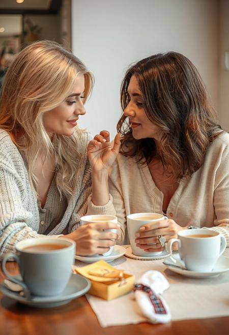 two lovely women at the breakfast table over coffee, one blonde, 20yo, looking at her cup of coffee, relaxed, thinking of a pleasurable last night, the other woman, shoulder length hair brunette, 30yo,  large eyes, looking at the blonde lovingly, reaching out with her hand to move a strand of hair back from the blonde's forehead, close up on faces,