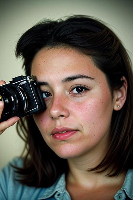 The image portrays a young woman with long, dark hair holding a vintage camera close to her face, partially obscuring one of her eyes. She gazes directly into the lens with an intense, thoughtful expression. The photograph has a distinct cinematic and nostalgic aesthetic, with soft lighting, a grainy texture, and subtle color grading that gives it a vintage, film-like quality.
Subject and Composition
The subject's face is positioned slightly off-center, drawing immediate attention to her sharp and expressive features. Her dark, well-defined eyebrows frame her deep-set eyes, which are slightly shadowed, adding to the introspective mood of the image. Her lips, which are slightly parted and tinted a natural red, contrast subtly with her smooth, pale skin. Strands of hair fall loosely across her face, reinforcing the unposed, organic nature of the portrait.
The camera she holds is an older model, silver and black with a rounded lens, possibly a vintage point-and-shoot film camera. Its reflective surface catches some light, making it a noticeable focal point. Her fingers gently rest on the camera's body, showcasing her relaxed grip, suggesting familiarity and comfort with the device. The camera partially obscures her left eye, creating an artistic and symbolic interplay between the act of capturing an image and being observed.