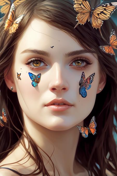 a woman with many butterflies on her face. beautiful highly detailed face. painting by artgerm and greg rutkowski and alphonse mucha.