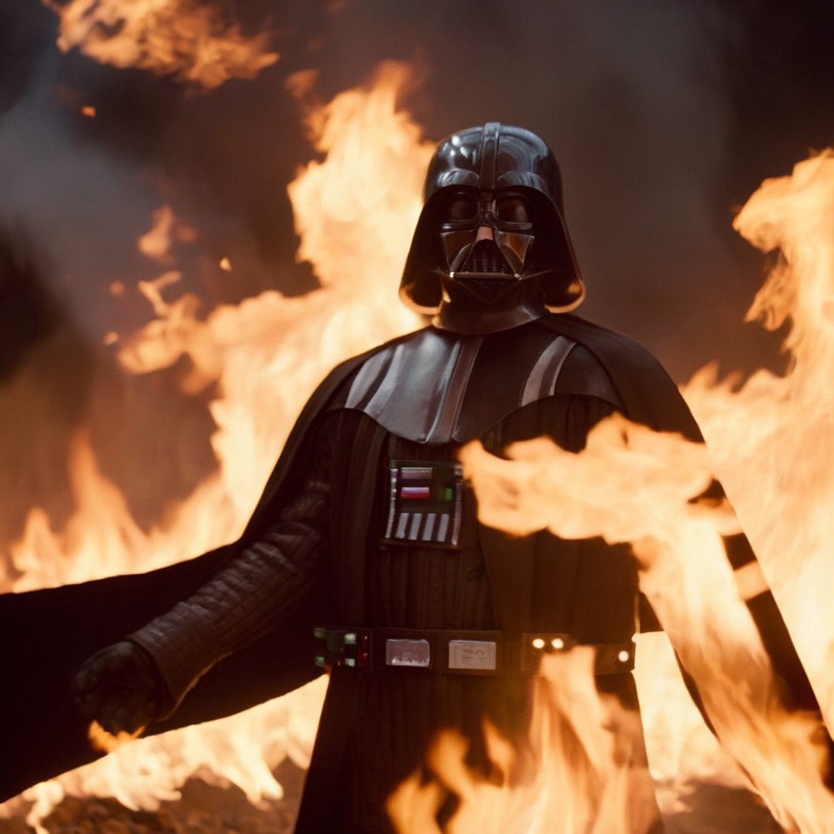 cinematic film still of  <lora:Darth Vader:1.5>
Darth Vader a man is set on fire burned alive with fire everywhere in star...
