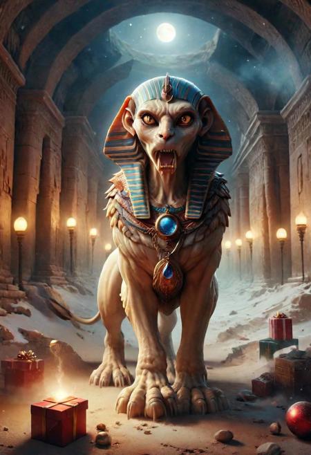 style by (Clay Mann:2.5),unique realistic (fluffy angry sphinx:1.8) getting a (Christmas gift:1.2), (Angry and hissing:1.2), a phantasmagoria, Egyptian Night Atmosphere, Dynamic Angle, Dramatic Lighting, desert winter masterpiece, digital painting,<lora:add-detail-xl:1.4>, windy epic polar, ,(luminous cat eye),professional make-up, mesmerize