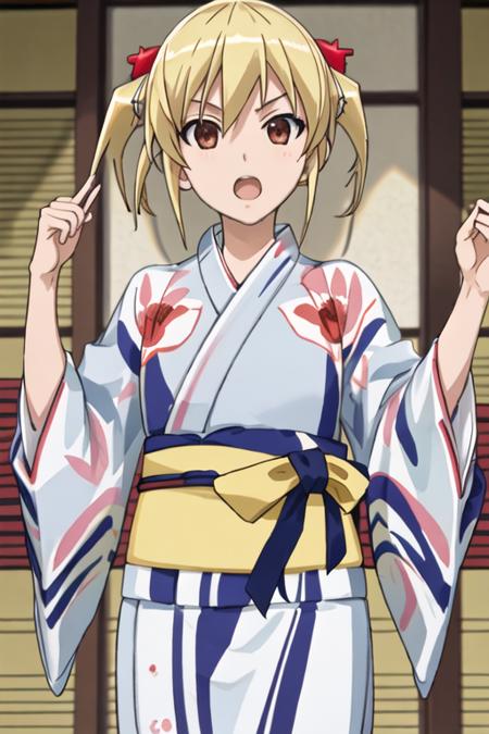 best quality, masterpiece, highres, solo, {yukata:1.40}, {kimono:1.20}, {otosuna_mihari_mangakasantoassistantsanto:1.15}, blonde_hair, short_hair, open_mouth, brown_eyes, red_eyes