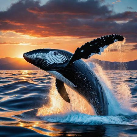 a stunning high-resolution image of a humpback whale in mid-strait, water
splashes reflecting sunlight at sunset, wispy clouds and realistic water reflections