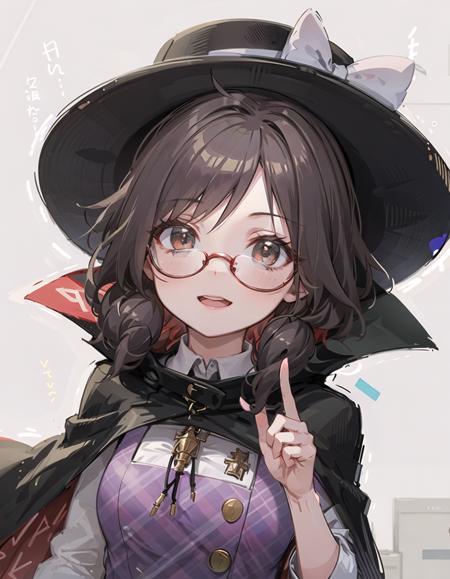 best quality, ultra high res, 1girl, usami sumireko, <lora:sumireko:1>, short hair, low twintails, black hair, fedora, (red-framed eyewear:1.5), cape, plaid skirt, plaid vest,