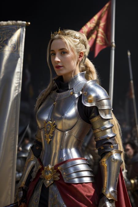 Masterpiece, professional photograph, full body, hero pose, (facing the viewer), holy female paladin wearing full body (full plate silver armour:1. 2), muscular frame, (her armor has golden ornaments and she has a red cloak) divine aura, holy warrior, she's <lora:locon_saoirse_v1_from_v1_64_32:0.7> a fantasy medieval queen, (wearing a golden crown) d&d setting, fantasy genre, knight-queen, (insanely detailed, bloom:1. 5), (highest quality, Alessandro Casagrande, Greg Rutkowski, Sally Mann, concept art, 4k), (analog:1. 2), (high sharpness), (detailed pupils:1. 1), (painting:1. 1), (digital painting:1. 1), detailed face and eyes, Masterpiece, best quality, (highly detailed photo:1. 1), 8k, photorealistic, (long blonde Hair, ponytail haircut, ecstatic:1.1), By jeremy mann, by maciej kuciara, sharp, (perfect body:1.1), realistic, real shadow, (Apocalyptic battlefield, medieval war, flags, banners, knights in the background:1. 2), <lora:add_detail:0.35>  <lora:adventurer2.0-6:0.4>