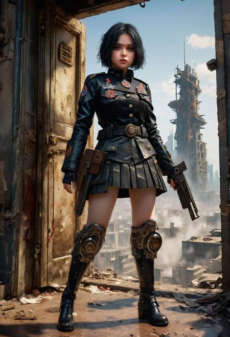 <lora:md2034:0.5> triggering, blood splatter, dystopian
poster_\(medium\),  Intense looking but cute, adorable, and attractive gothgirl, wearing an old looking black militaristic uniform, holding a vintage 19th century pistol, stands directly in front of large battle-mechs, with an expansive cityscape in the far distant background, her skirt lifts as she kicks open a door ((above her is an 'it's a glorious future' type emblem)),  (simple_background:1.3), symmetry,(no_humans:1.3),, (masterpiece:1.3), (best_quality:1.3), (ultra_detailed:1.3), 8k, extremely_clear, realism, (ultrarealistic:1.3),, insane details, intricate details, hyperdetailed, ultra detailed, extreme detailed, highest detailed, high_detail, epic, attention getting, hdr, photorealistic, highres, ultra_high_res, photography, aesthetic, extremely_delicate, ng_deepnegative_v1_75t, Ellis-RealismBoost, epiCRealism