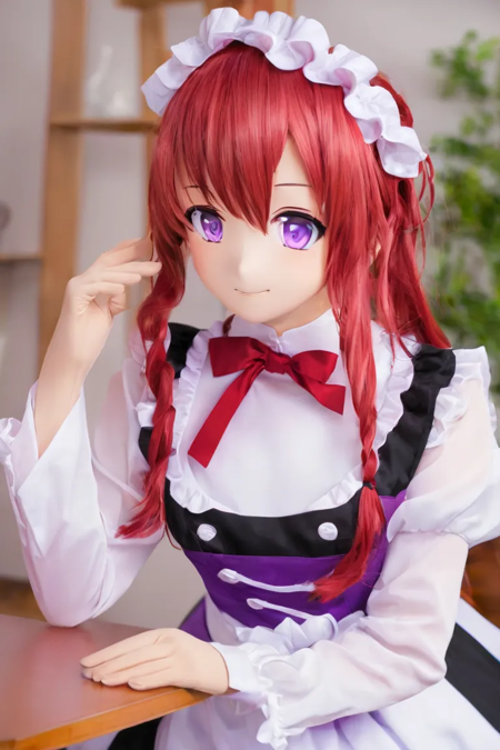 animegao cute girl, maid uniform, purple eyes, red hair <lora:agkr-sdxl-v1:1>