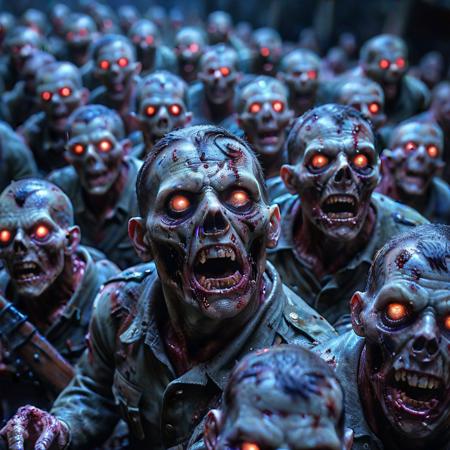 detailed background, (score_9, score_8_up, score_7_up), masterpiece, best quality, high quality, ultra detailed, highly detailed, high detail, artistic lighting, depth of field, perfect soft lighting, best shadows, perfect reflections, Horror, zombies, fascist zombies, glowing eyes, der riese, WWII, world war 2