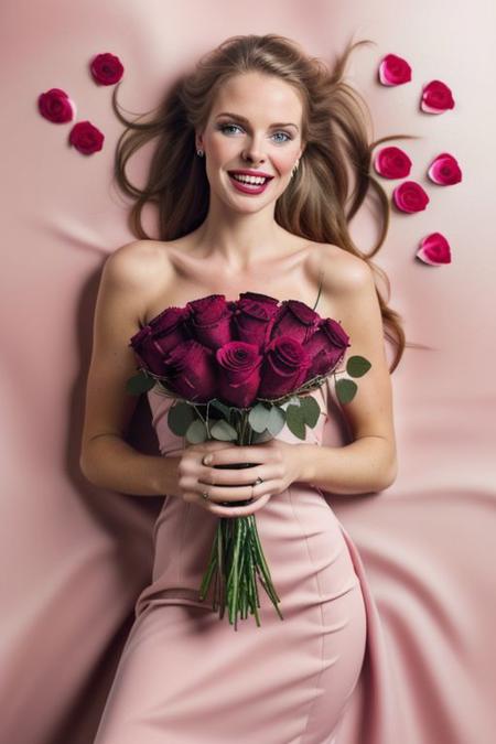 Beauty Photography: Focuses on well-lit,  pink dress flawless skin and often used in beauty in front of her a bouquet of  rose flower  cover the front area advertisements. shooting under dark condition with high iso, film, high key, valentineSG, ((Happy Valentines CARD1.5))