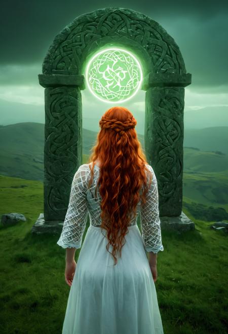 (masterpiece, best quality, hyper-detailed, 8k), (surreal, abstract, optical illusion:1.4), 1girl, Celtic warrior, fiery red hair flowing into an ethereal knotwork pattern, green eyes glowing faintly with an enigmatic light, her face seamlessly blending into intricate knotwork designs, surreal fusion of skin and Celtic motifs, delicate spirals and interwoven patterns forming her features, glowing runic accents within the knotwork, mystical energy radiating from her figure, misty green hills fading into a dreamlike haze, abstract shifting background with hints of ancient standing stones and stormy skies, volumetric glow, cinematic surreal lighting, soft shadows, ethereal highlights, sharp focus, ultra-detailed textures, symbolic and otherworldly, unity and mystery embodied, <lora:DetailMaximizer:0.5> <lora:add-detail-xl:0.5>