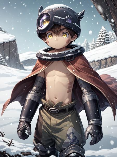 1 boy, Reg, mad in abyss, male focus, brown hair, yellow eyes, helmet, mechanical arms, red markings, cape topless male