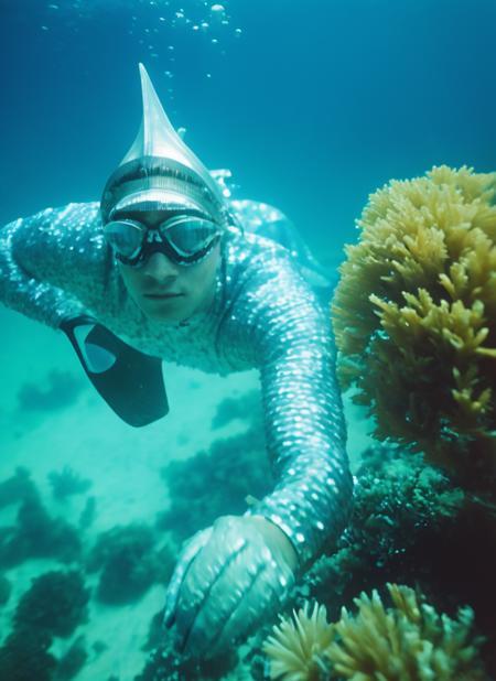 stunning underwater photo of  beautiful 20 years old beautiful boy ihtiandr <lora:ihtiandr:0.7>, swimming underwater, reefs, fishes, wearing silver diving suit, wearing silver helmet, wearing swimming glasses, sharp focus, epic lighting,(detailed face:1.2), subsurface scattering, f2, 35mm