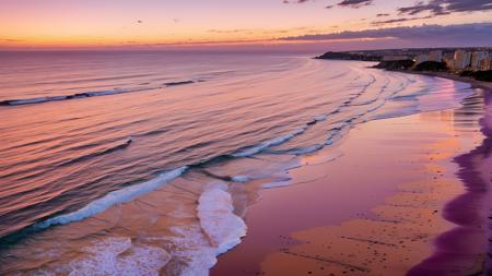 A peaceful sunset over the ocean, the sky painted in warm orange, pink, and purple hues. Gentle waves reflect the colors of the sky, creating a dreamlike atmosphere. Soft, cinematic lighting, ultra-detailed, 8K resolution.