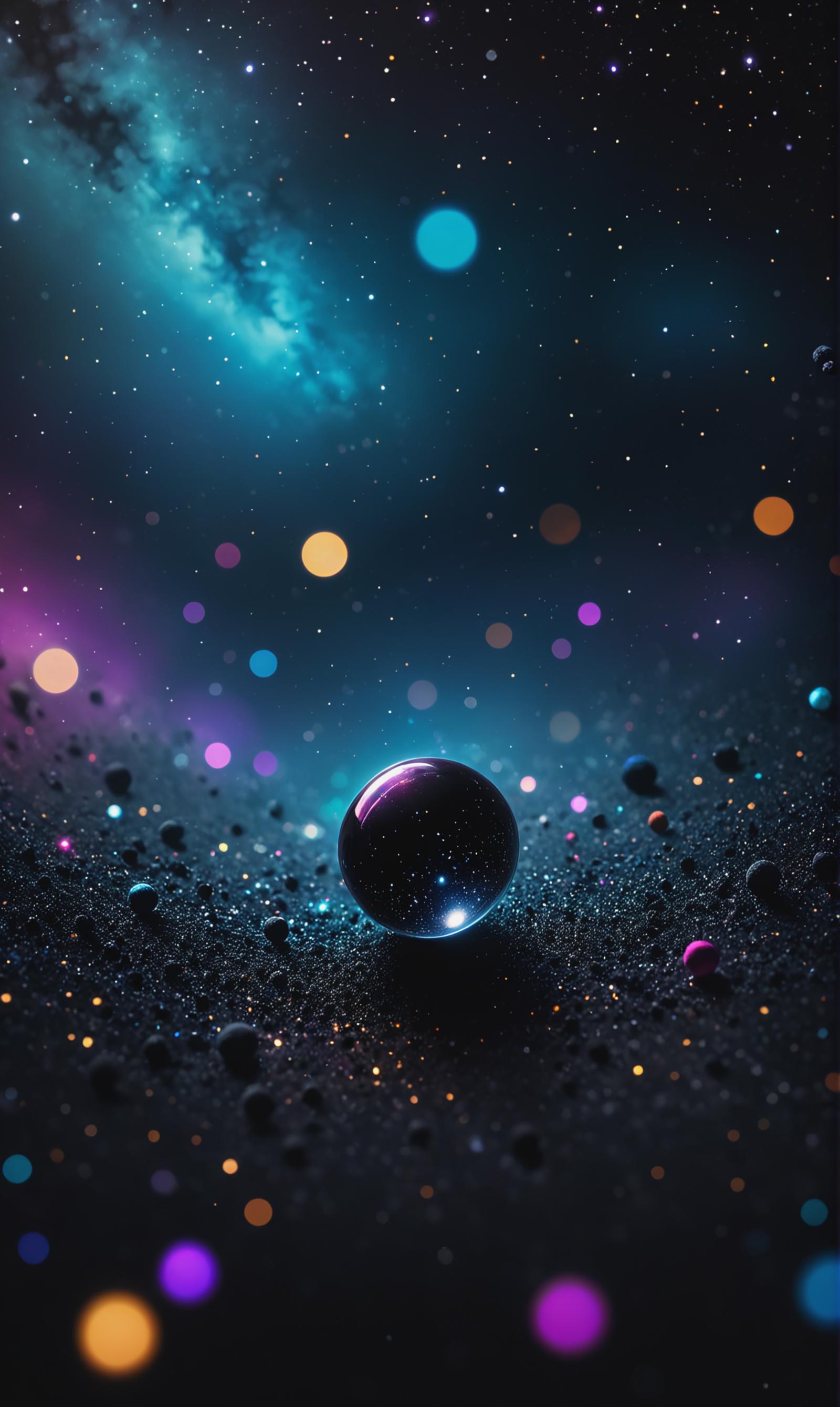 A neon and purple galaxy with a black background and a large purple sphere.