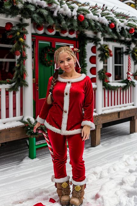 mrs santa claus, santas grotto, north pole, elves, snowmen, candy canes, snow, icicles,  <lora:Sarah_Jane_Honeywell:1> masterpiece, best quality, detailed face, 1girl, solo, a young sj1873h, blonde_hair Pig Tail