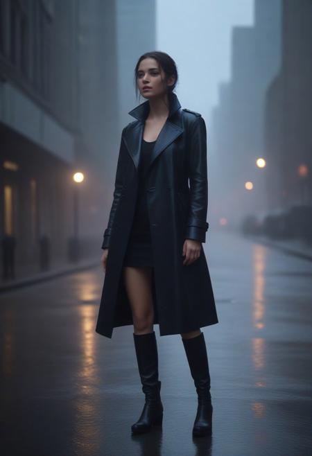 Ultra-detailed, cinematic mood: a young woman stands alone on a rain-slicked urban street, her glossy black leather coat gleaming under the soft glow of flickering streetlights. Droplets cascade down the smooth, tailored surface, reflecting hues of neon blue and violet from the surrounding cityscape. Her posture is poised yet relaxed, the coat’s high collar framing her face—sharp cheekbones dewy with rain, piercing eyes catching the light, strands of wet hair clinging to her skin. The rain falls in a steady, gentle rhythm, pooling in shallow ripples around her boots, while faint steam rises from the warm asphalt. In the background, a futuristic skyline looms—towering structures shrouded in mist, their edges softened by the downpour. Moody tones, dynamic reflections, and a sense of quiet strength infuse the scene