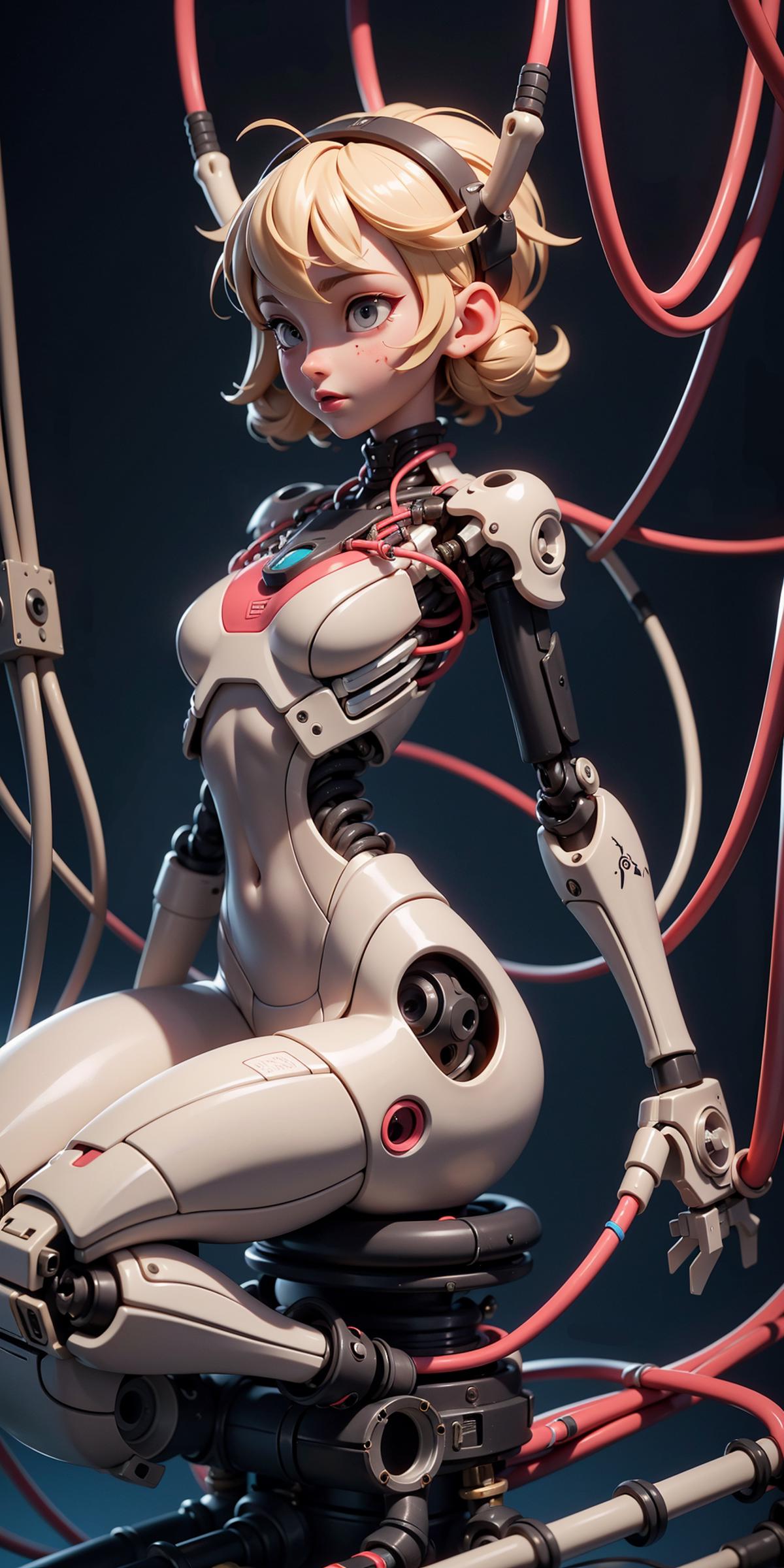 A robotic woman with a red neckline and pink wires.