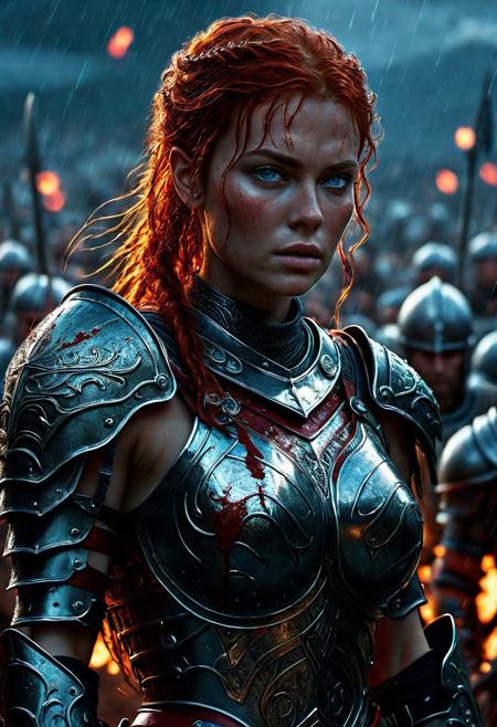 Ultra detailed digital art masterpiece Warrior girl dressed in a iron Armor and red mini skirt, Standing on a battlefield at the head of an army of knights, where a bloody slaughter is taking place, standing in battle pose, a dark epic fantasy, perfect lighting, beautiful Sadie Sink as Warrior girl, attractive woman, elegant, beautiful woman of athletic body, shot of the whole Warrior girl, unreal engine 5 nanite quality, dark fantasy, dark environment, very stormy day, LOTR style, dark washed out eyeliner, no make up, natural bloody pale face, realistic blue eyes, ultra detailed atmospheric details, beautiful glowing effects, sparkle effects, realistic body proportions, beautiful face proportions, complex masterpiece, wavy red hair, creative glowing detailed tattoos, complex physics, enhanced colors, complimentary colors, ultra detailed raytracing reflections, Ultra detailed complex background, environment feels alive, direct eye contact, dramatic lighting, wet and sweaty skin, beautiful firm Breasts, Daylight, Concept art by Greg Rutkowski, adding to the intense and dynamic atmosphere of the scene.