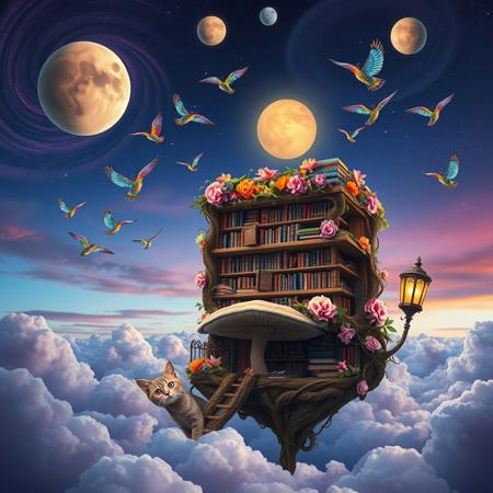 Create an image of a whimsical library floating in the clouds, where the books are made of vibrant flowers and the shelves are crafted from twisted vines. In the foreground, a curious cat with iridescent fur curiously peeks out from behind a giant, oversized mushroom. Above, the sky is a surreal blend of twilight colors, with swirling galaxies and oversized, glowing orbs resembling celestial lanterns. A flock of birds with kaleidoscopic feathers dances through the scene, casting rainbow shadows on the library below.