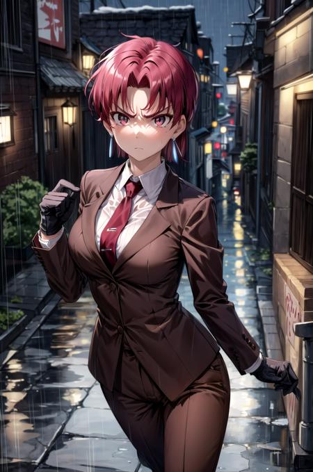 (masterpiece, best quality, detailed), 1girl, solo, alley, city, night, stairs, rain, looking at viewer, serious, glaring, clenched hand,
bazett fraga mcremitz, pant suit, red necktie, earrings, brown jacket, white shirt, brown pants, black gloves,  <lora:BazettV7-000008:0.9>,  <lora:more_details:0.5>