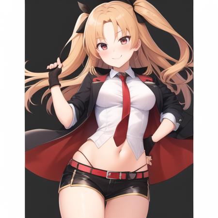 (masterpiece, best quality1.2),illustration,8k,hd,1girls,solo,blonde_hair,long_hair,one_side_up,red_eyes,bangs,smile,blush,collared_shirt,jacket,necktie,shirt,short_sleeves,white_shirt,black_jacket,gloves,open_clothes,open_jacket,striped,striped_necktie,white_gloves,belt,black_shorts,breasts,navel,red_necktie,short_shorts,shorts,hair_ribbon,midriff,fingerless_gloves,ribbon,black_ribbon,star_\(symbol\),thighs,<lora:cleveland-μ>,