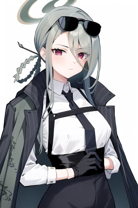 <lora:Konoe Minav2 :0.8>, konoe mina, 1girl, solo, long hair, breasts, looking at viewer, bangs, shirt, red eyes, gloves, closed mouth, white shirt, braid, grey hair, necktie, black gloves, collared shirt, coat, halo, sunglasses, black necktie, eyewear on head, asymmetrical bangs, simple background