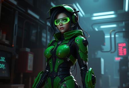 Create a highly detailed, 8K resolution, 3D model of a female cyborg character wearing a green and black suit, inspired by Hyperlight Drifter, Final Fantasy XIII, and Doom. The character should have ideal proportions, with a mix of X-Men's Storm and a female thief's features. Incorporate elements of high-end fashion, apothecary, and hazmat designs. The scene should have a dark, cyberpunk atmosphere with neon accents and soft lighting, reminiscent of a post-apocalyptic world. Include body modification, cable wires, and armor details, adhering to the golden ratio. The style should be inspired by Artgerm and Ilya Kuvshinov, with a mix of realistic and stylized elements. The output should be a detailed painting or 3D render, suitable for Artstation or Deviantart.