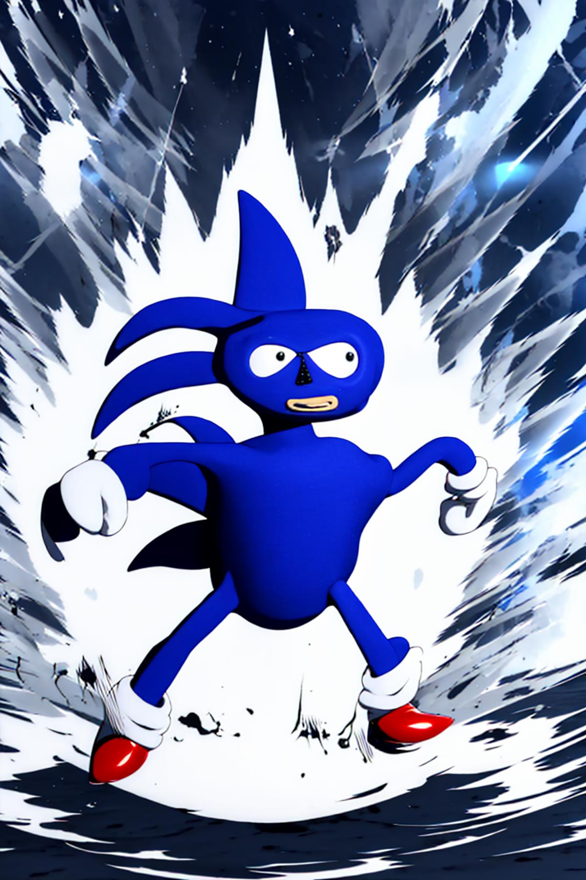 A Sonic the Hedgehog character in a blue and black suit is in the middle of a white and blue background.