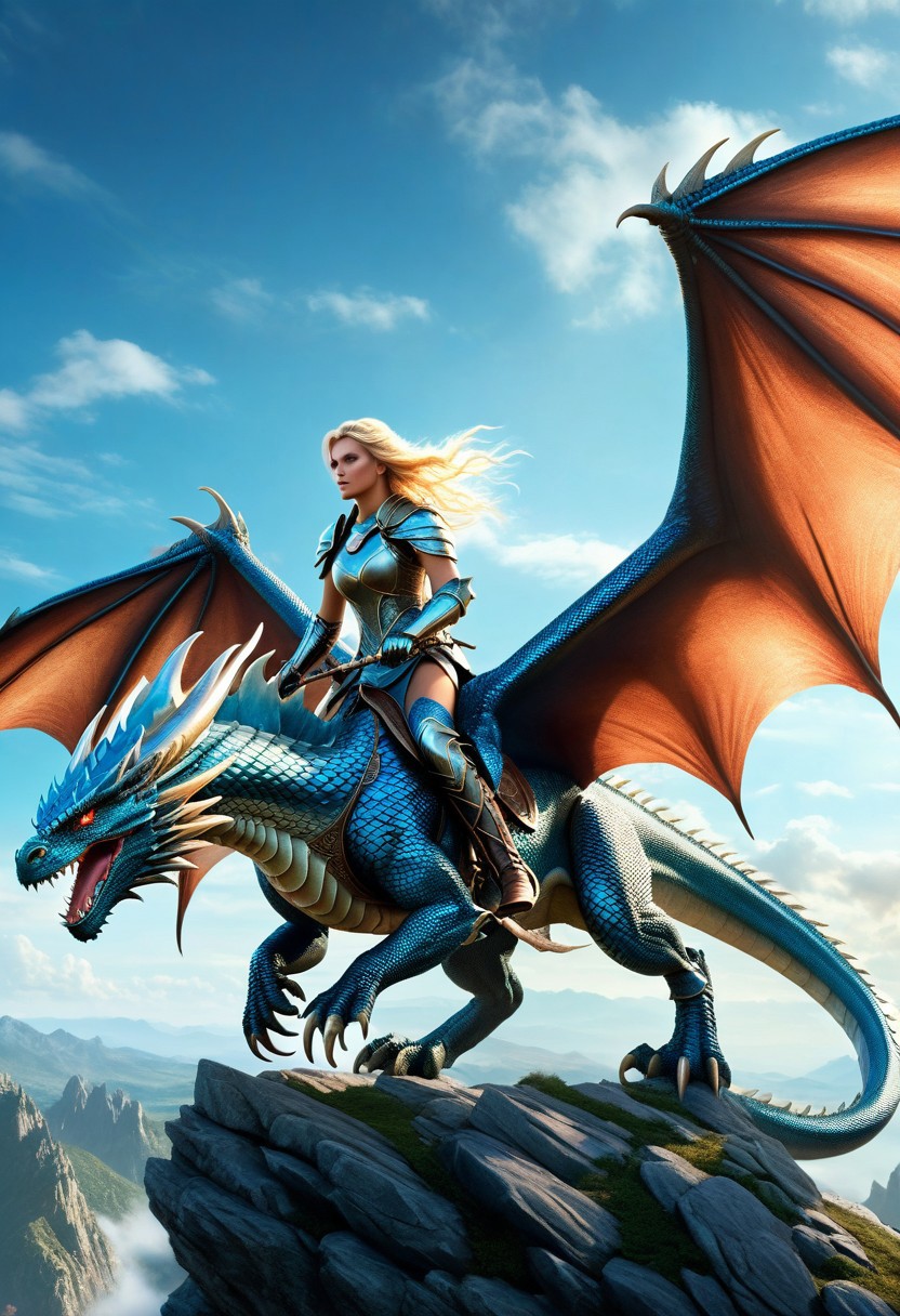beautiful realistic Dragon Rider warrior girl soaring atop a big massive azure dragon, both bewitching and embodying the essence of fantasy, wavy blondy hair, chainmail glinting in the sunlight, dragon scales shimmering with an ethereal glow, mid-flight over a mythical landscape, digital painting, ultra realistic, dramatic lighting, volumetric, flying in battle on a terrible dragon, epic fantasy castel. 8k, ultra realistic, cinematic style, ultra-realistic dragon body, perfect athletic body, Attractive girl, dynamic lighting, defiant and seductive, cinematic colors Lighting