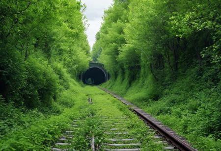 realistic, extremely high quality RAW photograph, intricate, Exquisite details and textures, highly detailed, ultra detailed photograph, 4k, high resolution, natural passage formed by trees and foliage that intertwine on a train track, train tunnel. The vegetation is lush and creates an almost perfect arc over the tracks, which extend towards the background of the image, converging at a vanishing point that gives depth to the scene. This place is often associated with romance due to its picturesque and charming appearance. It is a landscape that invites reflection and enjoyment of nature. The lighting is natural, probably filtered through the leaves of the trees, creating a serene and magical atmosphere. The color is mainly green due to the dense vegetation, with different shades ranging from light to dark greens, which adds a rich visual texture to the scene. These elements together provide a calm and charming viewing experience, perfect for a romantic walk or solitary reflection.