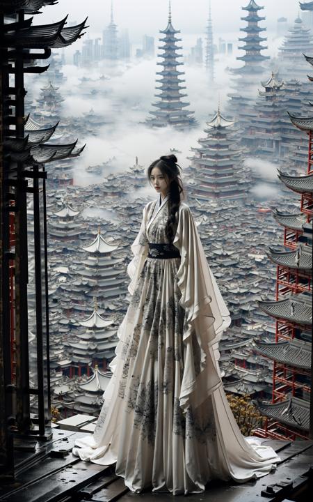 (dramatic, gritty, intense:1.4),masterpiece, best quality, 8k, insane details, intricate details, hyperdetailed, hyper quality, high detail, ultra detailed, Masterpiece, elaborate Hanfu(HanfuChinese architecture:1.3)
 stands amidst a bustling metropolis' futuristic architecture.  This full body shot for Vogue, captured by Andreas Gursky, melds tradition and modernity <lora:elaborate Hanfu_20230808075428:1>