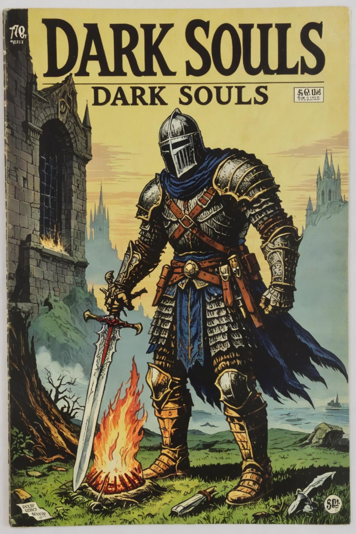 A Dark Souls advertisement featuring a knight in armor holding a sword.