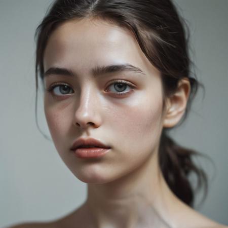 Ultra detailed film photograph with tiny depth of field, shot in an empty studio space with complex lighting. The bare bust of a beautiful woman, her hair and face and slender neck and delicate collarbone and small firm breasts. She looks stoic and severe, soft eyes that are perfectly in focus. From her lips flows richly colored Monochromatic paint, it trickles thickly from her lips down her chin, dripping on her tiny breasts, trickling down her neck. Everything else slips out of focus. Surreal and artistic.