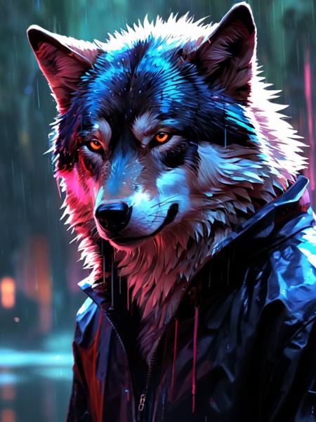 Glitchcore Art Style,portrait,anthropomorphic wolf ,drizzling,dynamic, dramatic,distorted,vibrant colors,glitchcore art style