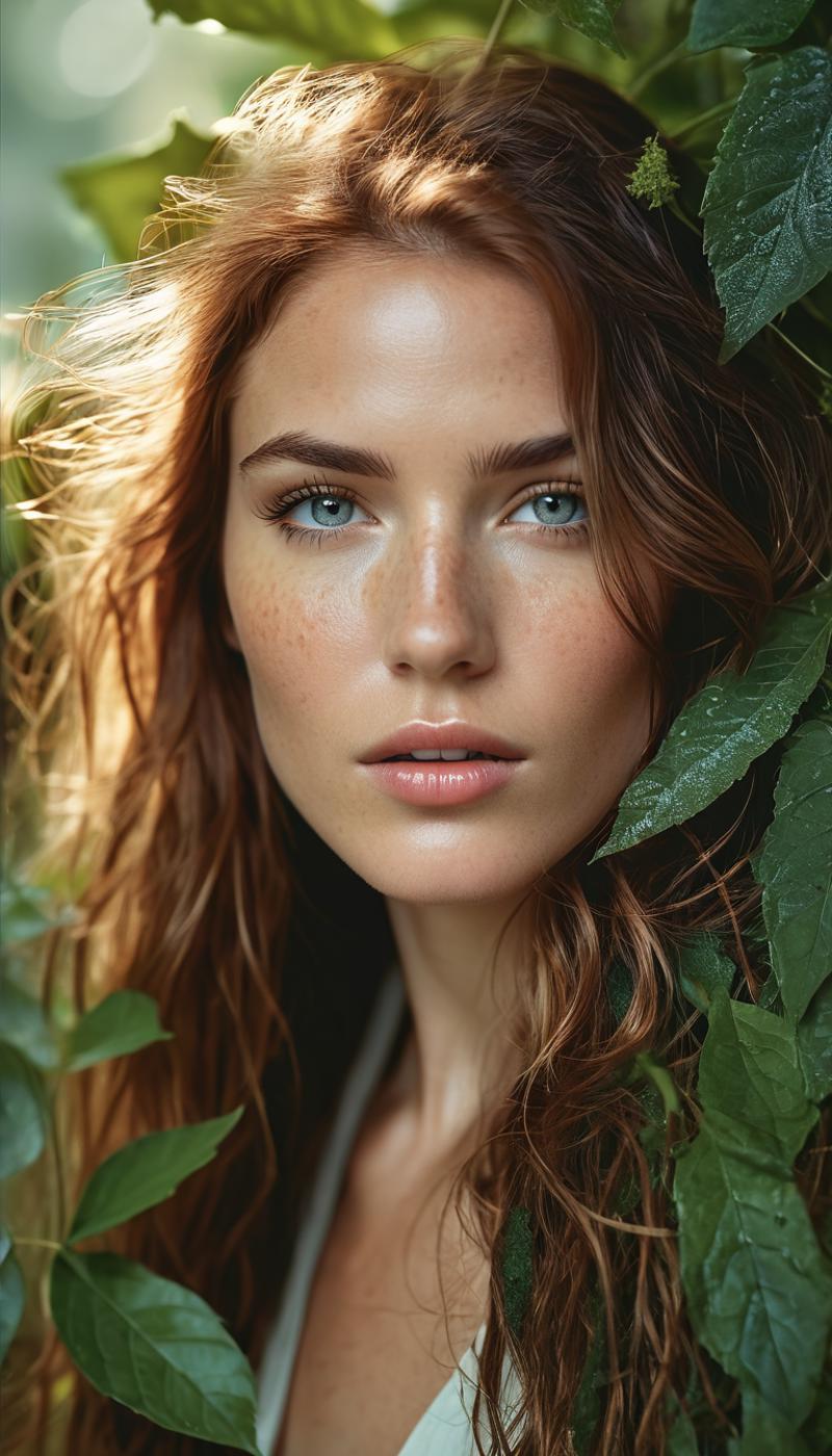 A young woman with red hair and blue eyes is wearing a white shirt and leaning her head against a green plant. She has freckles on her face, and her lips are slightly parted, giving her a beautiful and natural appearance.