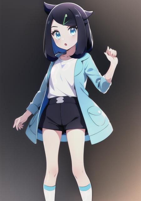 <lora:liko:0.7>,liko, 1girl, solo, looking at viewer, open mouth, blue eyes, shirt, black hair, hair ornament, holding, collarbone, jacket, white shirt, open clothes, shoes, shorts, socks, hairclip, :o, open jacket, eyelashes, black shorts, blue jacket,